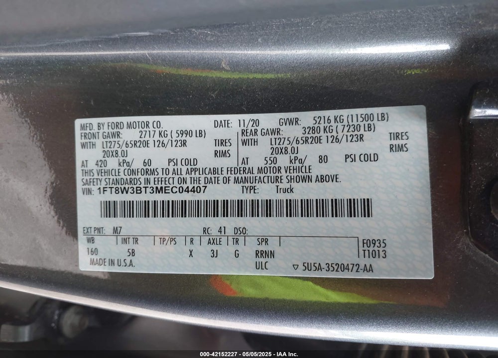2021 FORD F 350 VIN: 1FT8W3BT3MEC04407