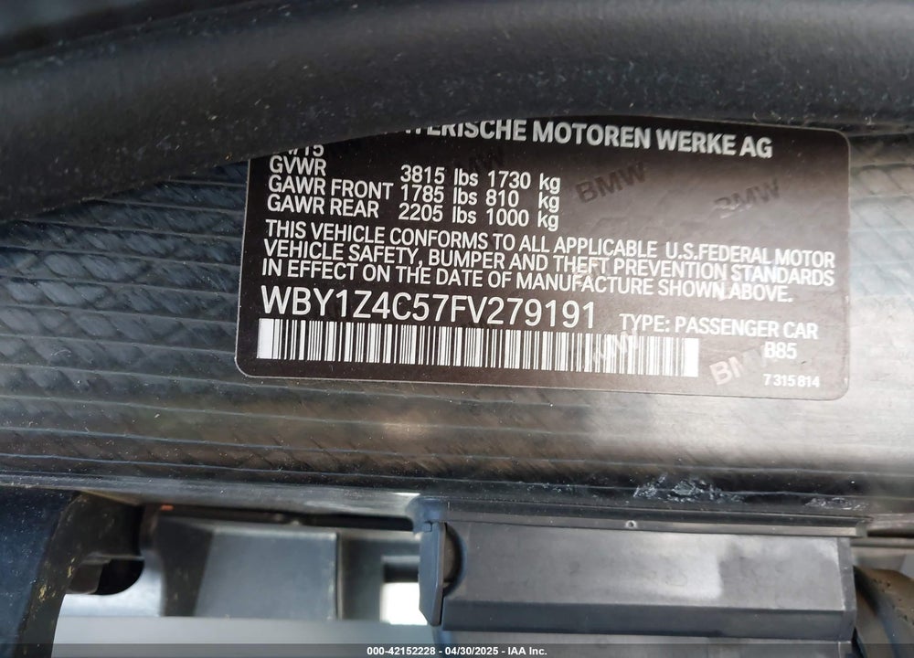 2015 BMW I3 VIN: WBY1Z4C57FV279191