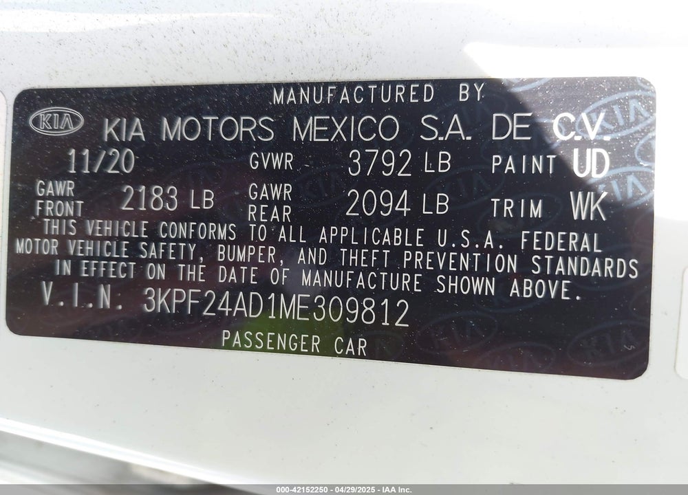 2021 KIA FORTE VIN: 3KPF24AD1ME309812