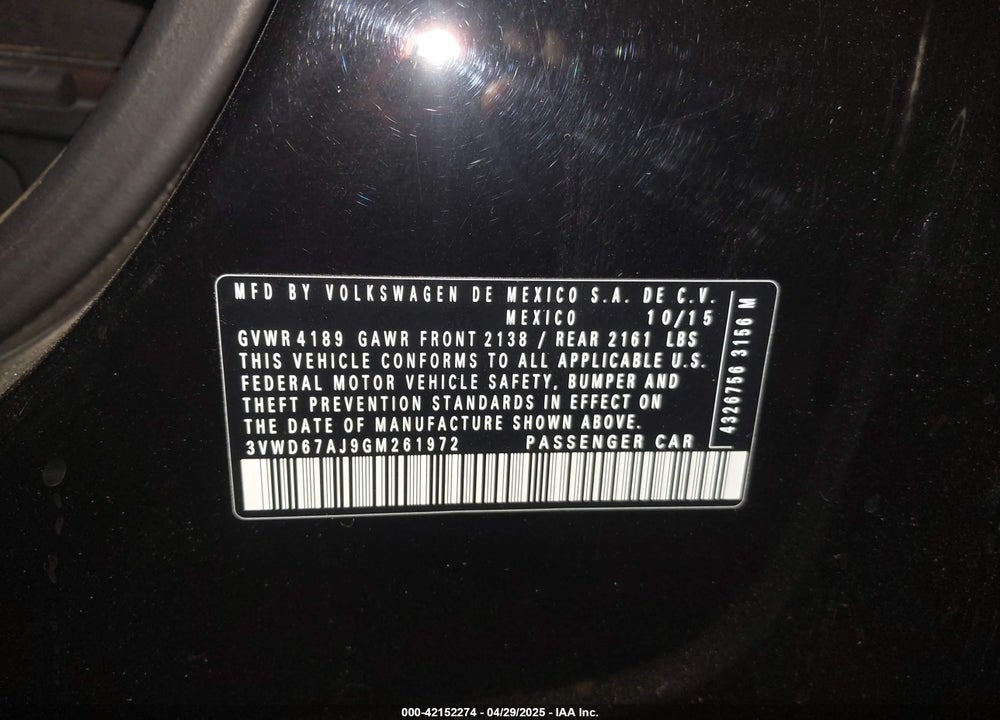 2016 VOLKSWAGEN JETTA VIN: 3VWD67AJ9GM261972
