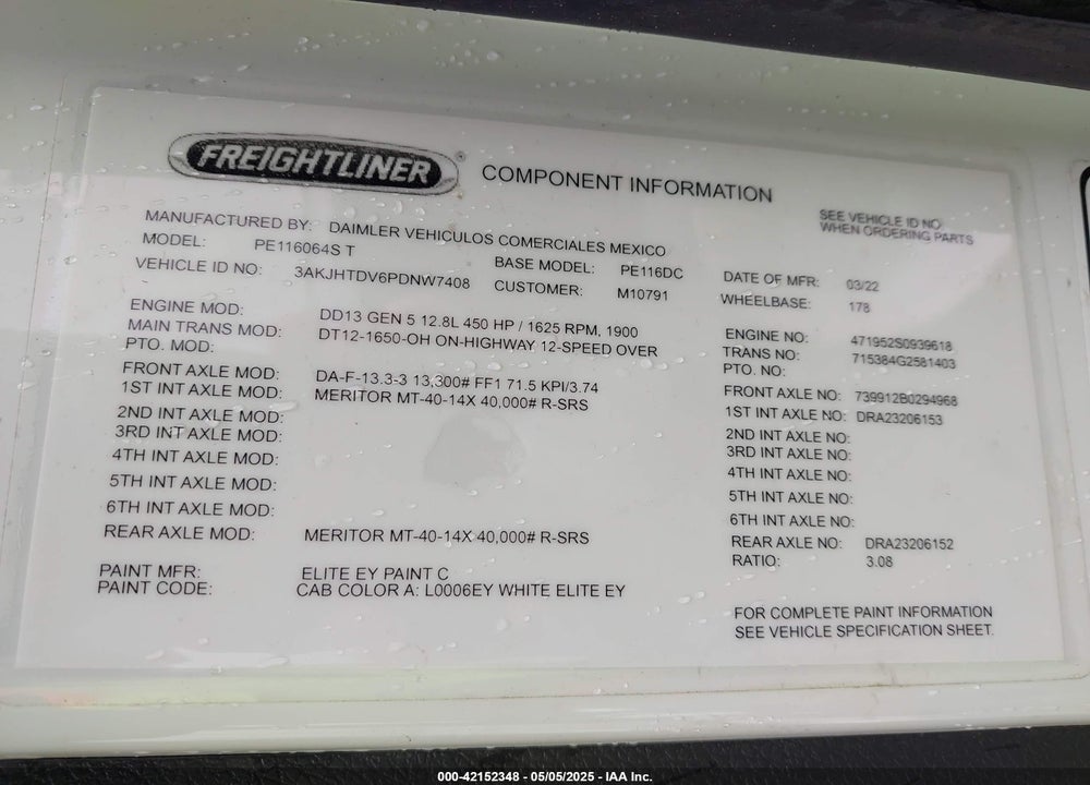 2023 FREIGHTLINER NEW CASCADIA 116 VIN: 3AKJHTDV6PDNW7408