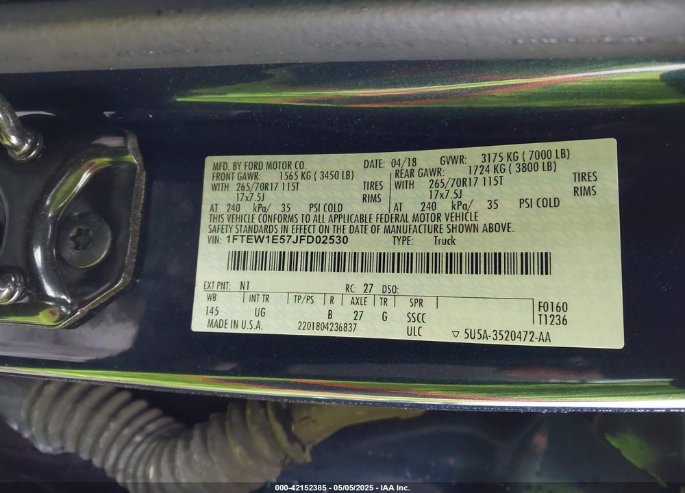 2018 FORD F150 VIN: 1FTEW1E57JFD02530