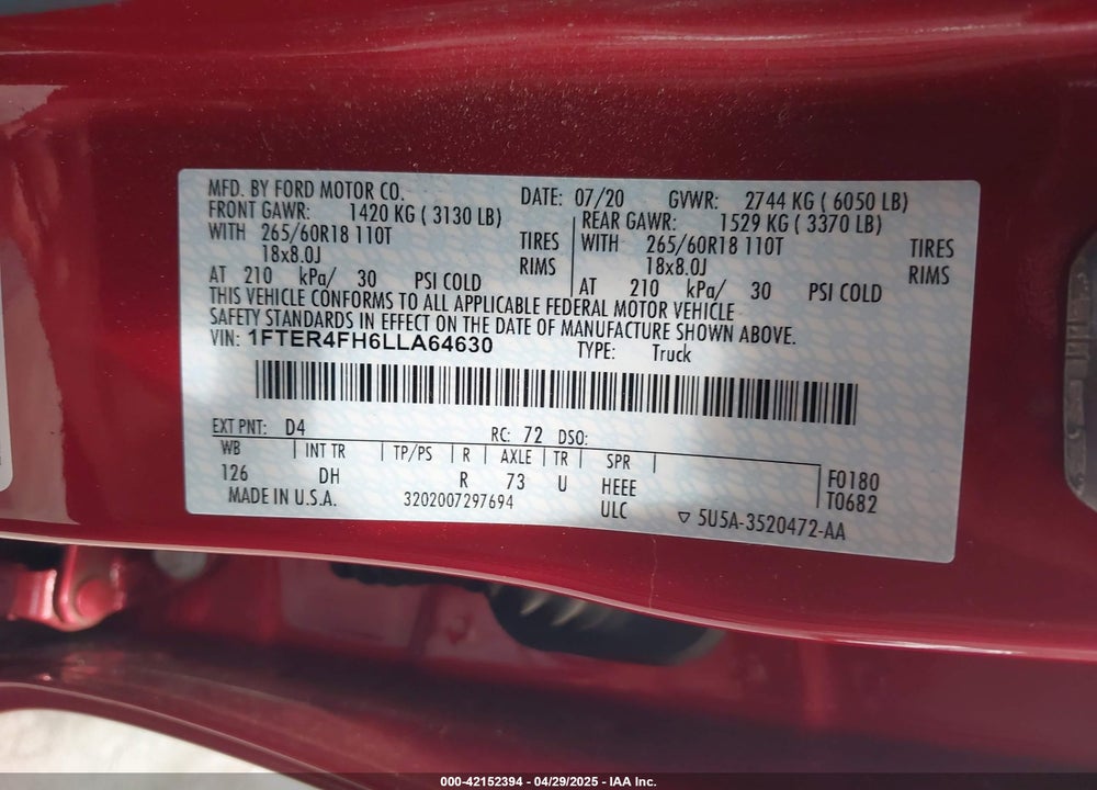 2020 FORD RANGER VIN: 1FTER4FH6LLA64630