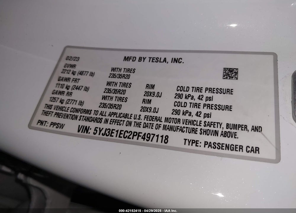 2023 TESLA MODEL 3 VIN: 5YJ3E1EC2PF497118
