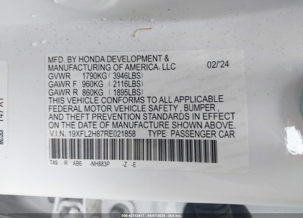 2024 HONDA CIVIC VIN: 19XFL2H87RE021858