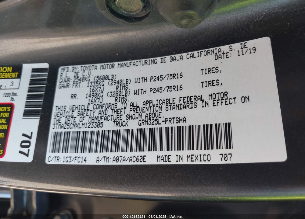 2020 TOYOTA TACOMA SR5 V6 VIN: 3TMAZ5CNXLM123305