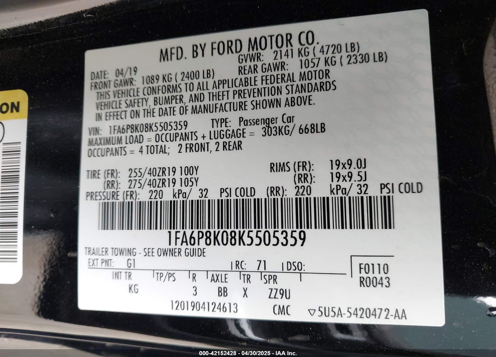2019 FORD MUSTANG BULLITT VIN: 1FA6P8K08K5505359