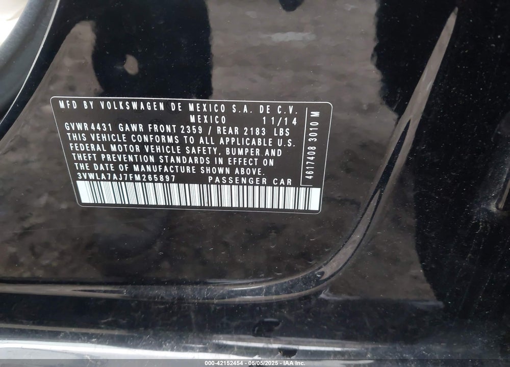 2015 VOLKSWAGEN JETTA VIN: 3VWLA7AJ7FM265897
