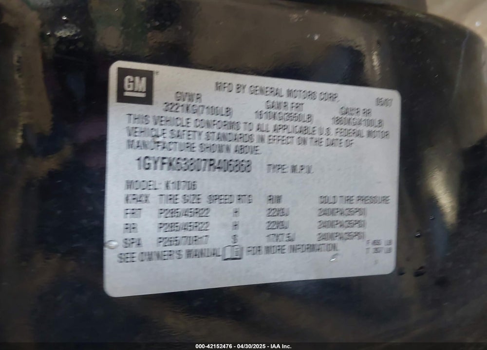 2007 CADILLAC ESCALADE STANDARD VIN: 1GYFK63807R406868