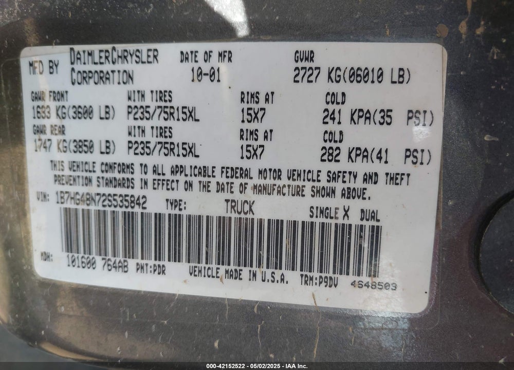 2002 DODGE DAKOTA SLT VIN: 1B7HG48N72S535842