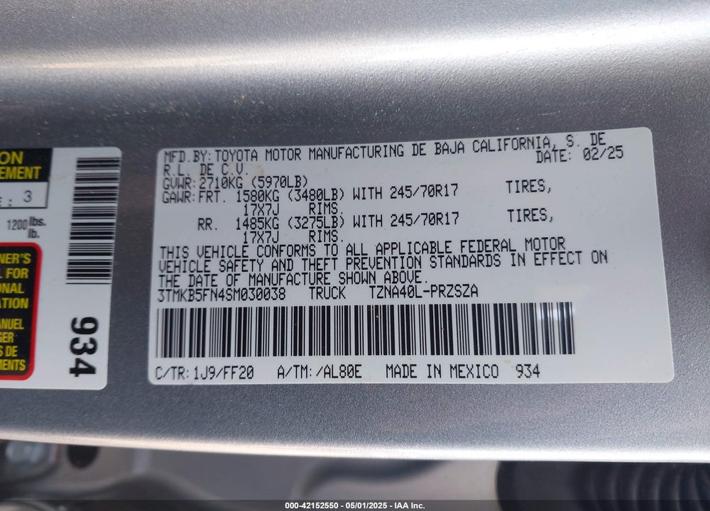 2025 TOYOTA TACOMA VIN: 3TMKB5FN4SM030038