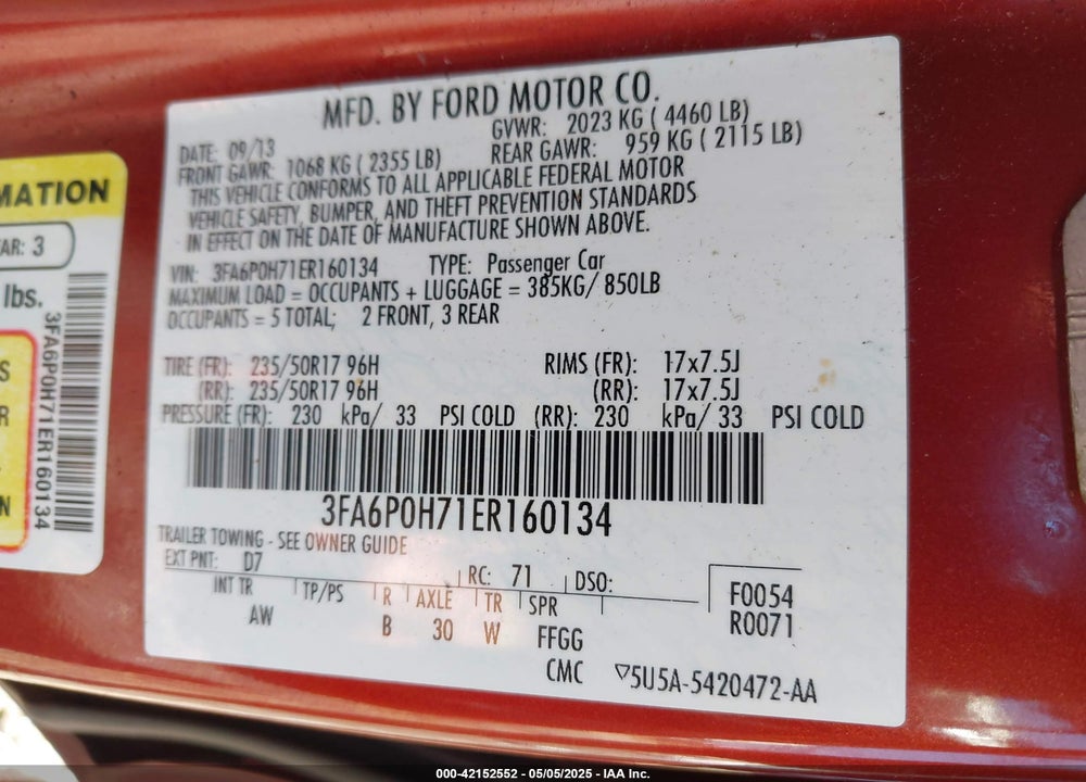 2014 FORD FUSION VIN: 3FA6P0H71ER160134