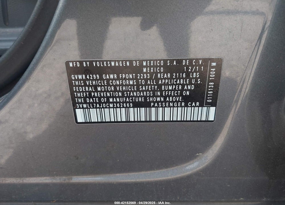 2012 VOLKSWAGEN JETTA VIN: 3VWLL7AJ0CM362669