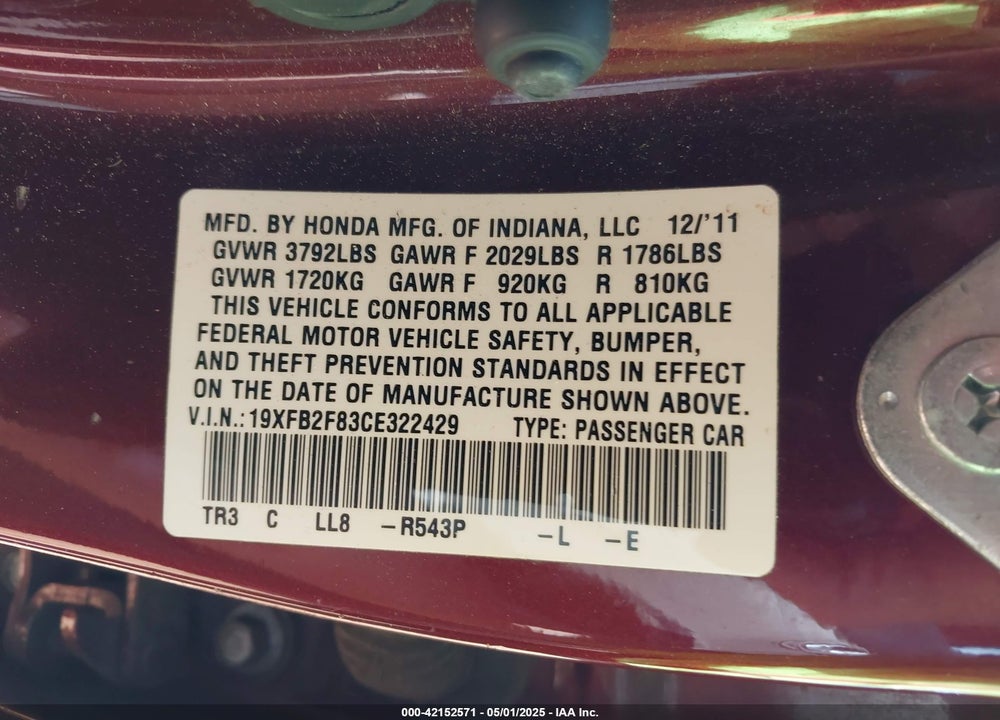 2012 HONDA CIVIC VIN: 19XFB2F83CE322429