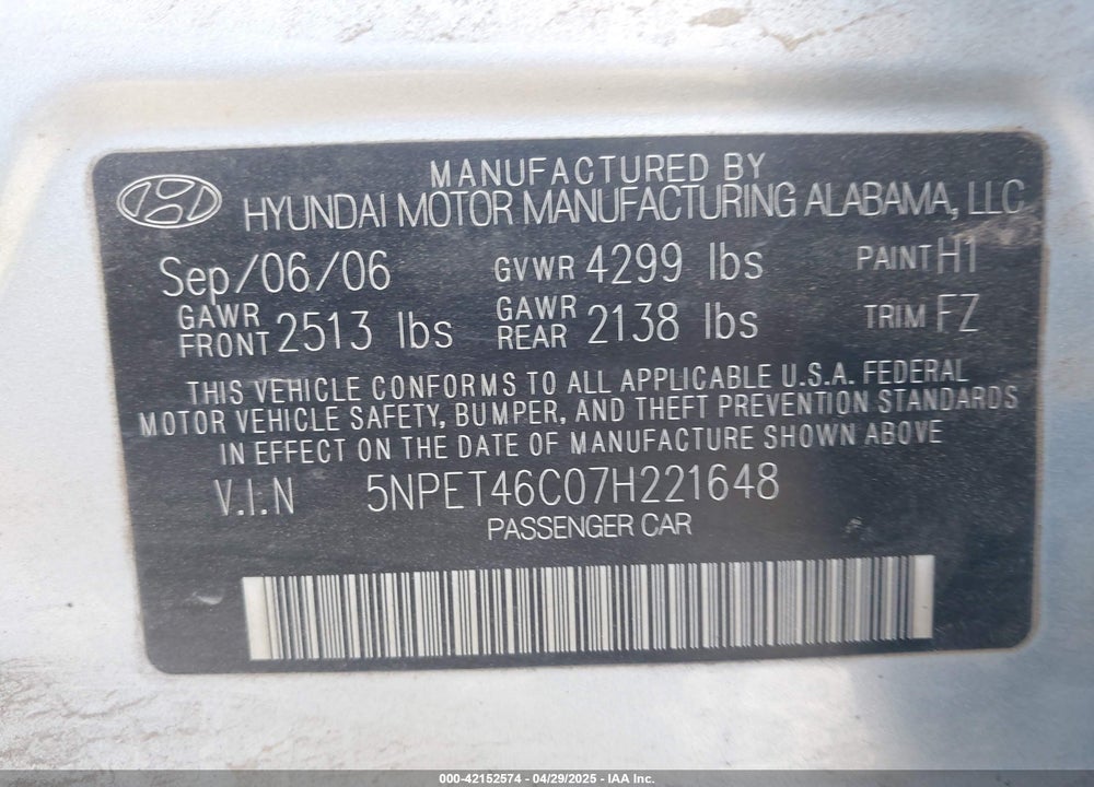 2007 HYUNDAI SONATA GLS VIN: 5NPET46C07H221648