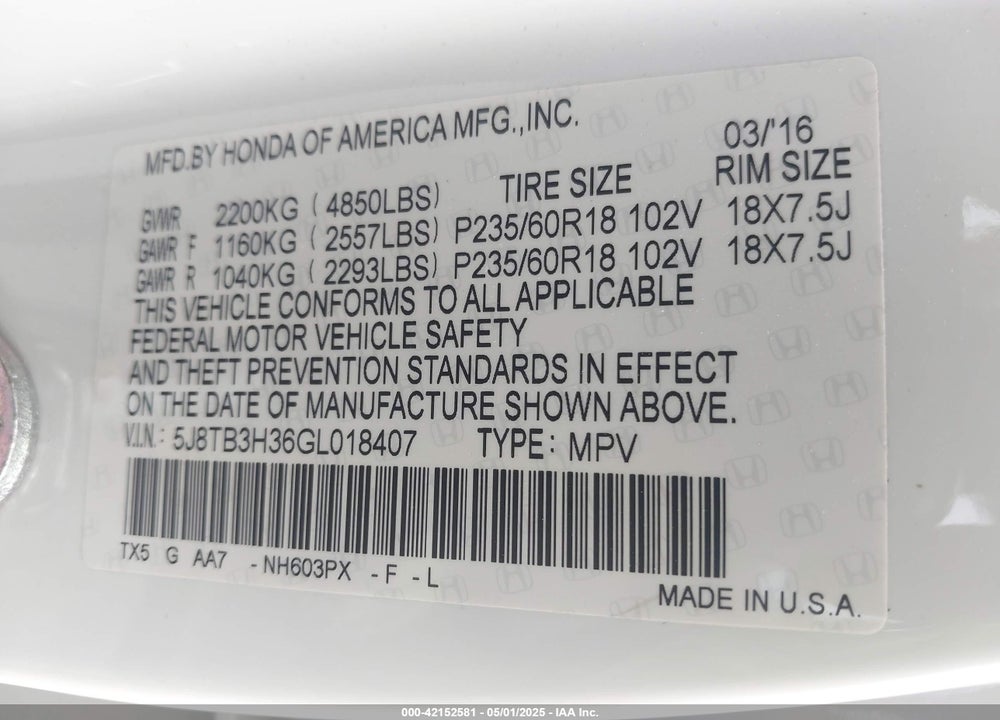 2016 ACURA RDX WATCH PLUS PKG VIN: 5J8TB3H36GL018407