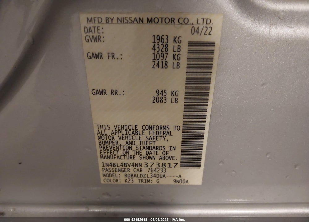 2022 NISSAN ALTIMA S FWD VIN: 1N4BL4BV4NN373817