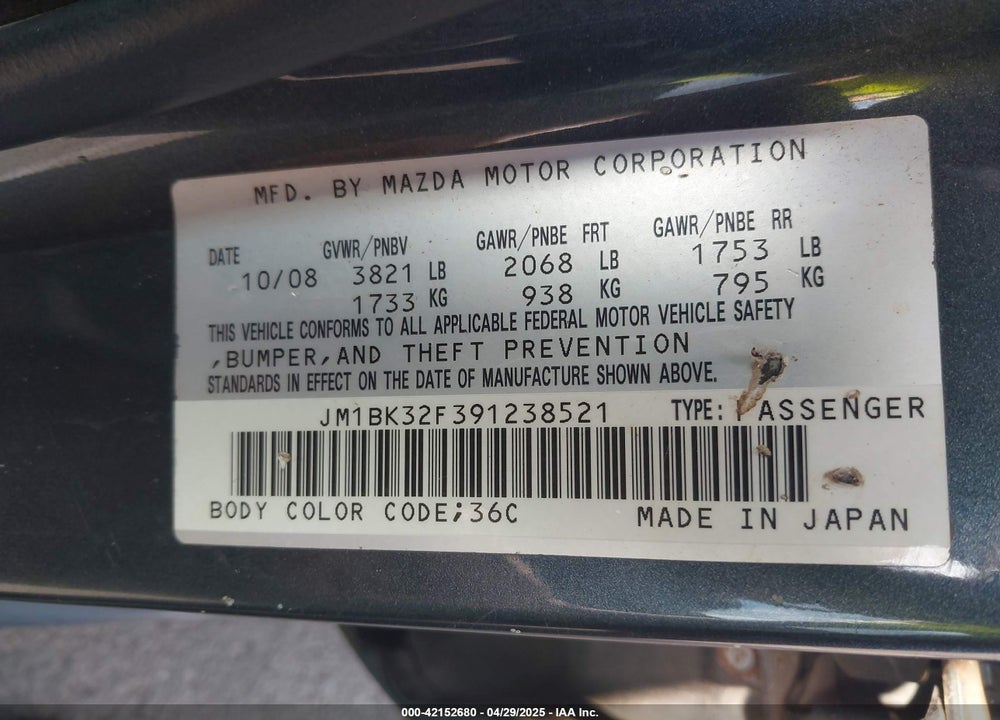 2009 MAZDA 3 VIN: JM1BK32F391238521