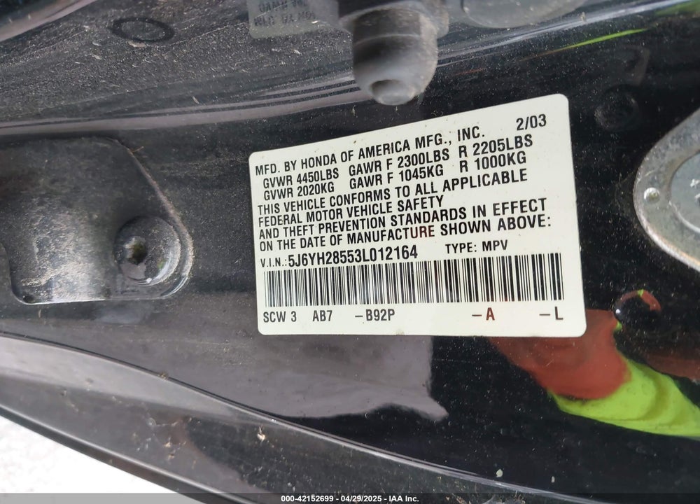 2003 HONDA ELEMENT EX VIN: 5J6YH28553L012164