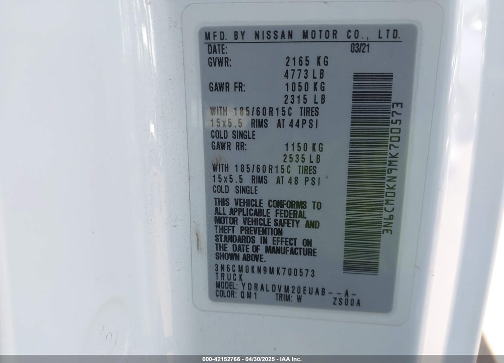 2021 NISSAN NV VIN: 3N6CM0KN9MK700573