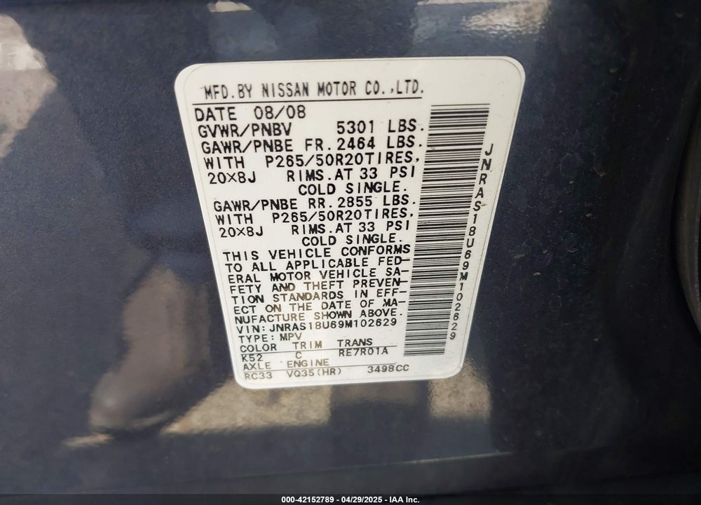 2009 INFINITI FX35 VIN: JNRAS18U69M102629