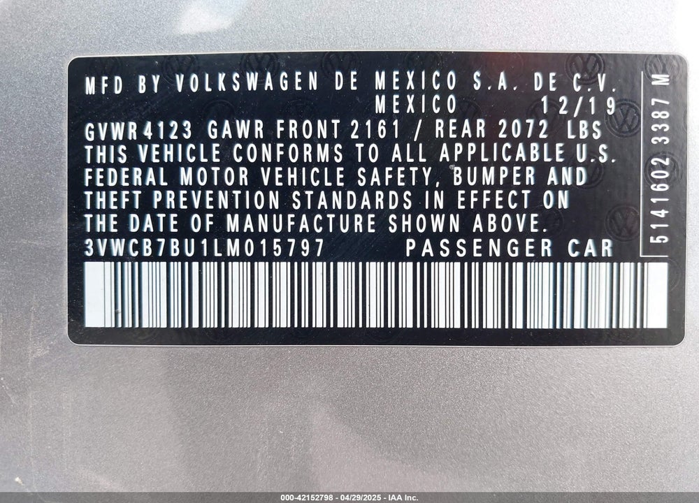 2020 VOLKSWAGEN JETTA VIN: 3VWCB7BU1LM015797