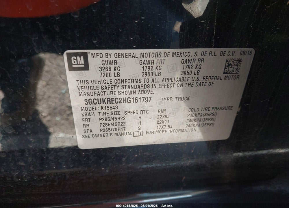 2017 CHEVROLET SILVERADO 1500 2LT VIN: 3GCUKREC2HG161797