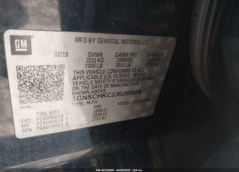 2018 CHEVROLET SUBURBAN VIN: 1GNSCHKC2JR269529