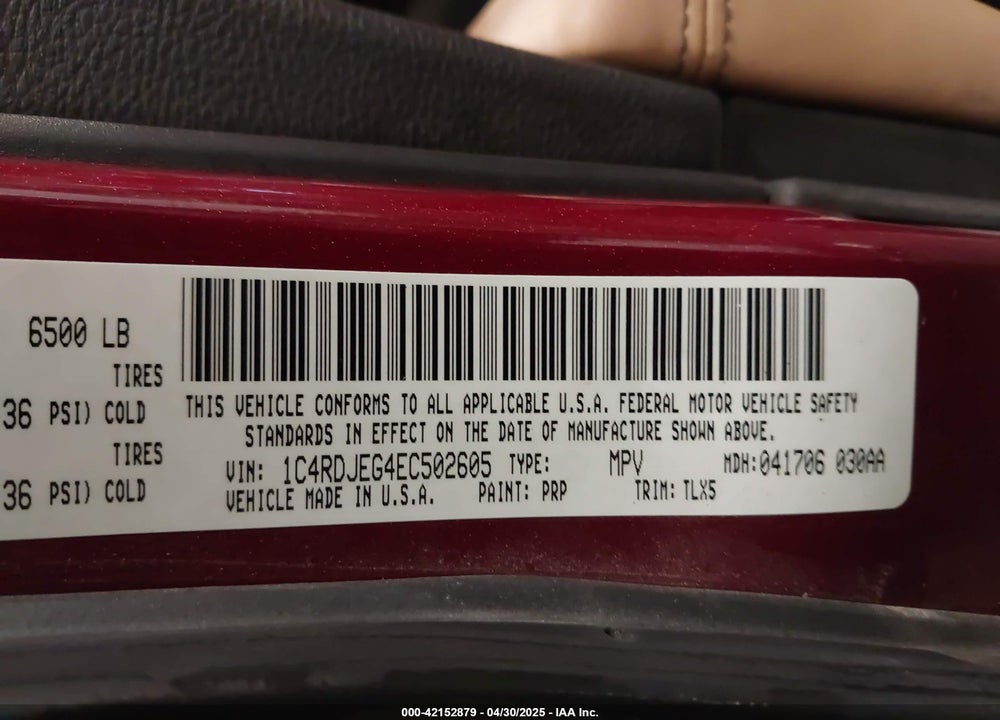 2014 DODGE DURANGO VIN: 1C4RDJEG4EC502605