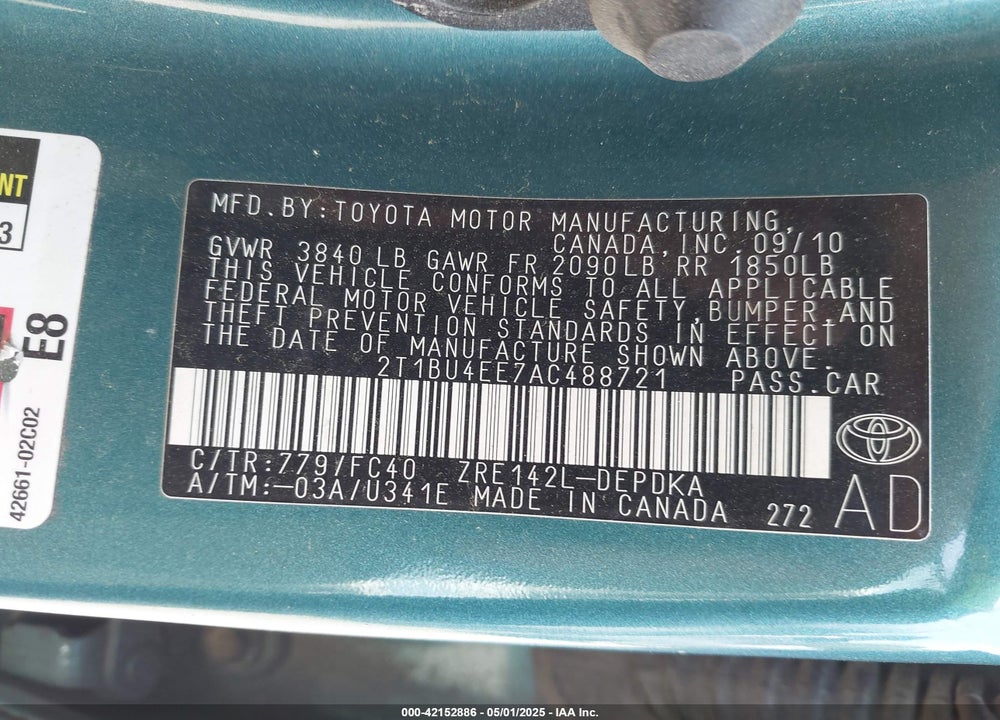 2010 TOYOTA COROLLA VIN: 2T1BU4EE7AC488721