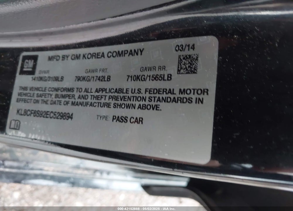 2014 CHEVROLET SPARK VIN: KL8CF6S92EC529894