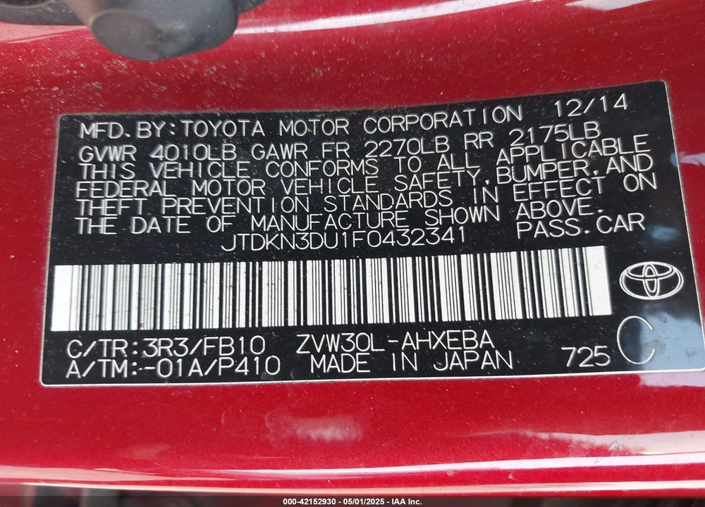 2015 TOYOTA PRIUS VIN: JTDKN3DU1F0432341