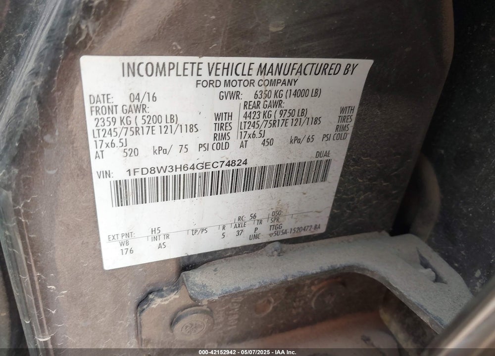 2016 FORD F-350 CHASSIS XL VIN: 1FD8W3H64GEC74824