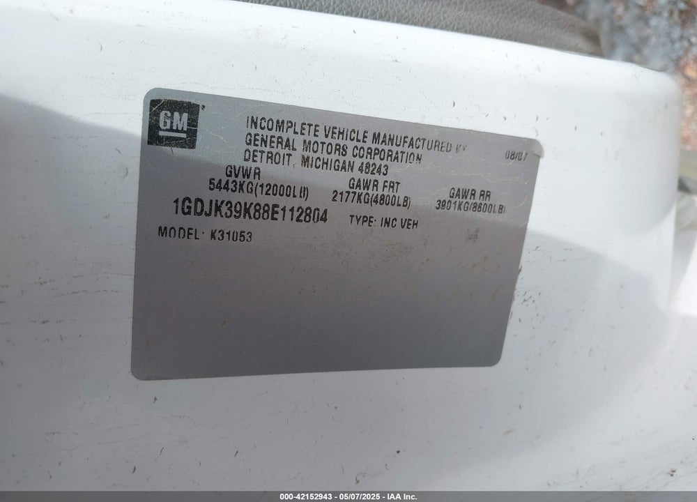 2008 GMC SIERRA 3500HD CHASSIS WORK TRUCK VIN: 1GDJK39K88E112804