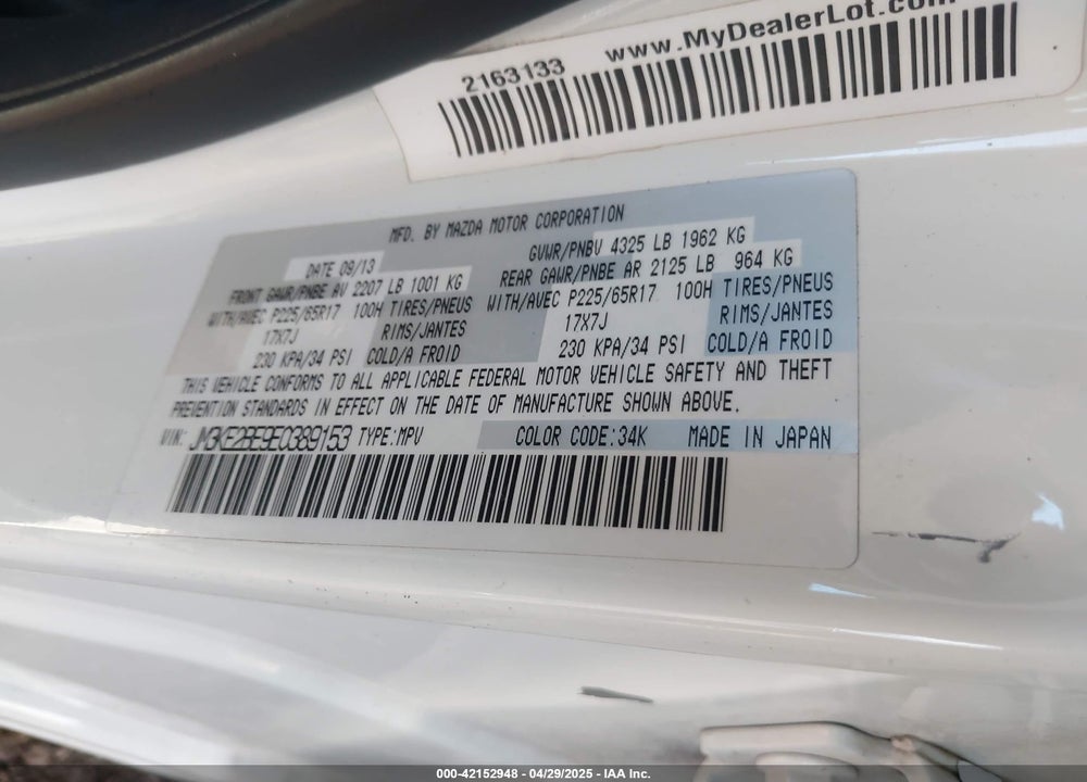 2014 MAZDA CX-5 VIN: JM3KE2BE9E0389153