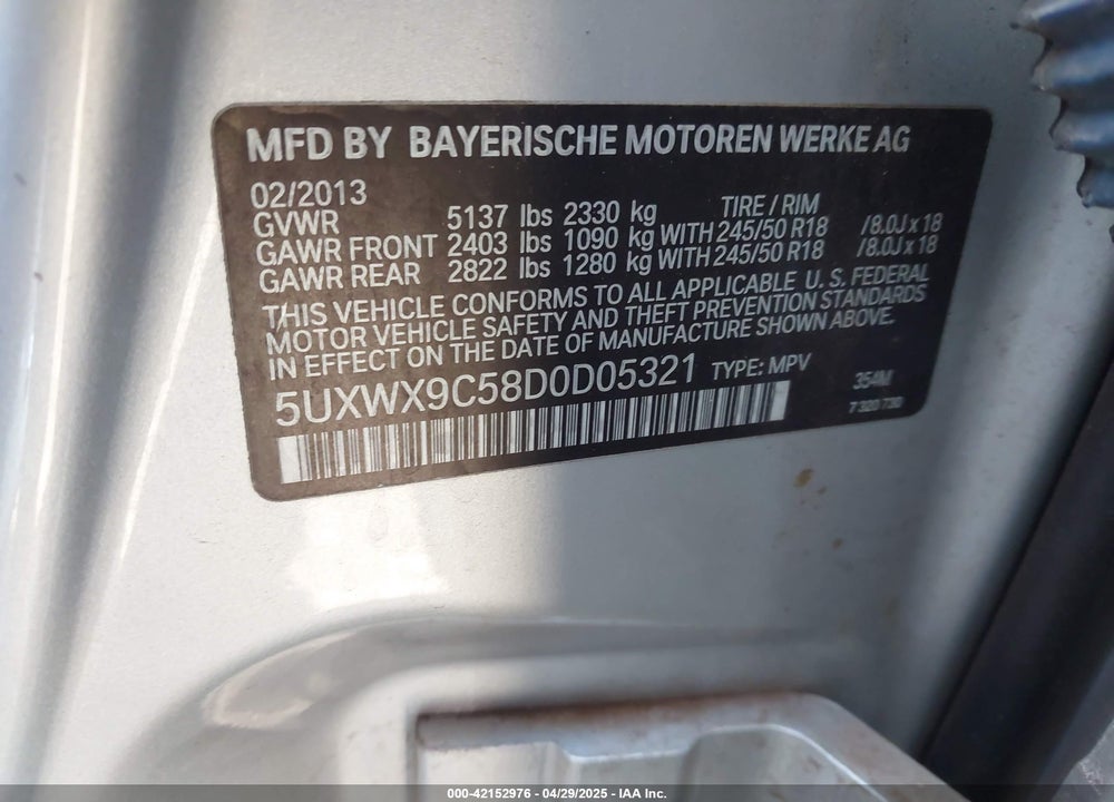 2013 BMW X3 XDRIVE28I VIN: 5UXWX9C58D0D05321