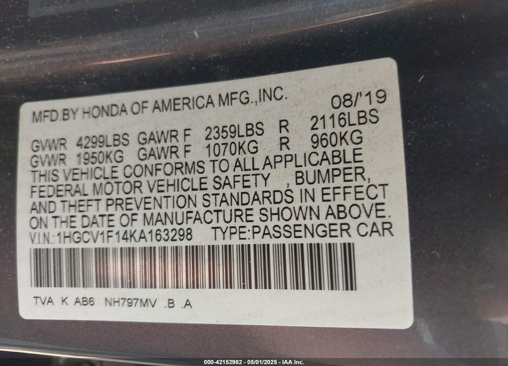 2019 HONDA ACCORD VIN: 1HGCV1F14KA163298