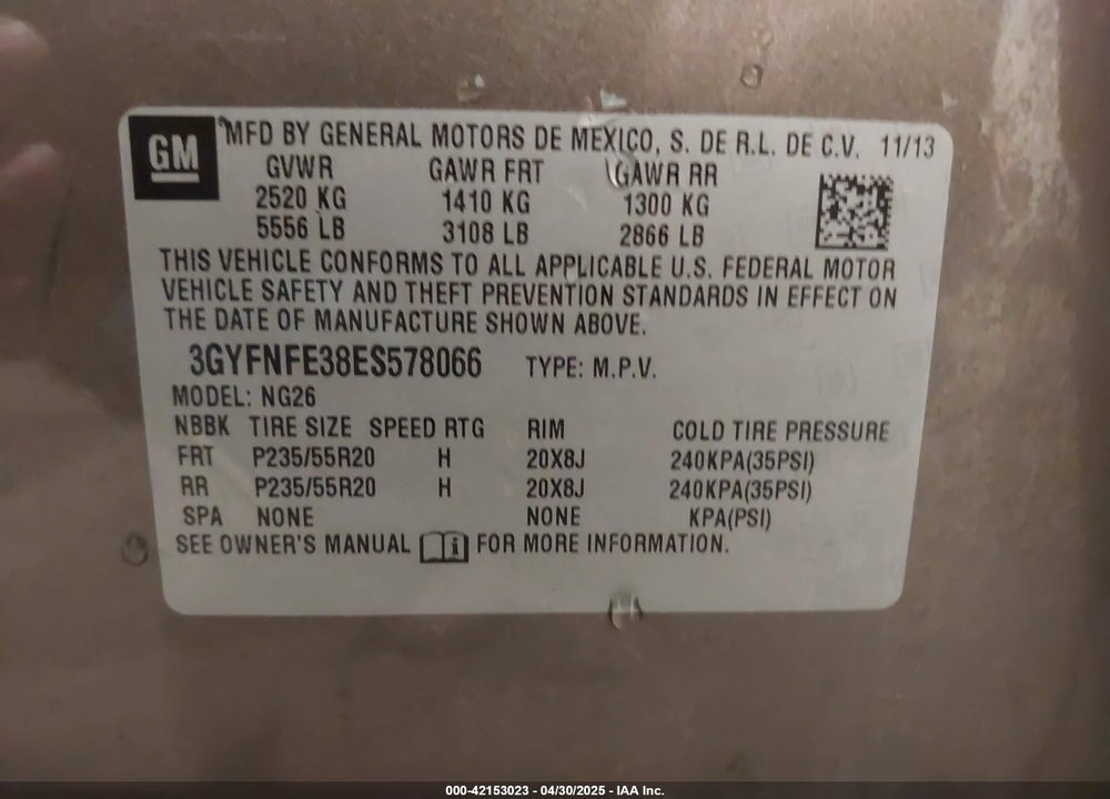 2014 CADILLAC SRX PERFORMANCE COLLECTION VIN: 3GYFNFE38ES578066