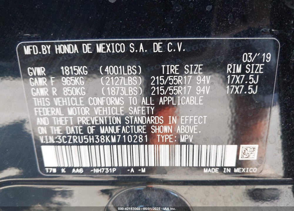 2019 HONDA HR-V LX VIN: 3CZRU5H38KM710281