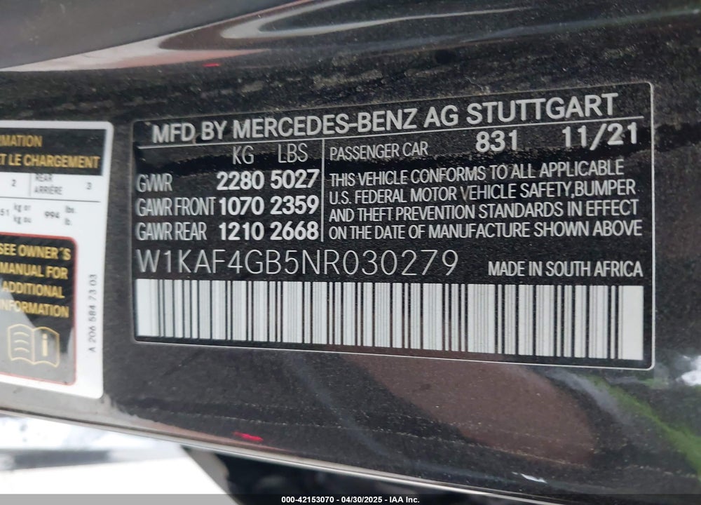 2022 MERCEDES-BENZ C 300 SEDAN VIN: W1KAF4GB5NR030279