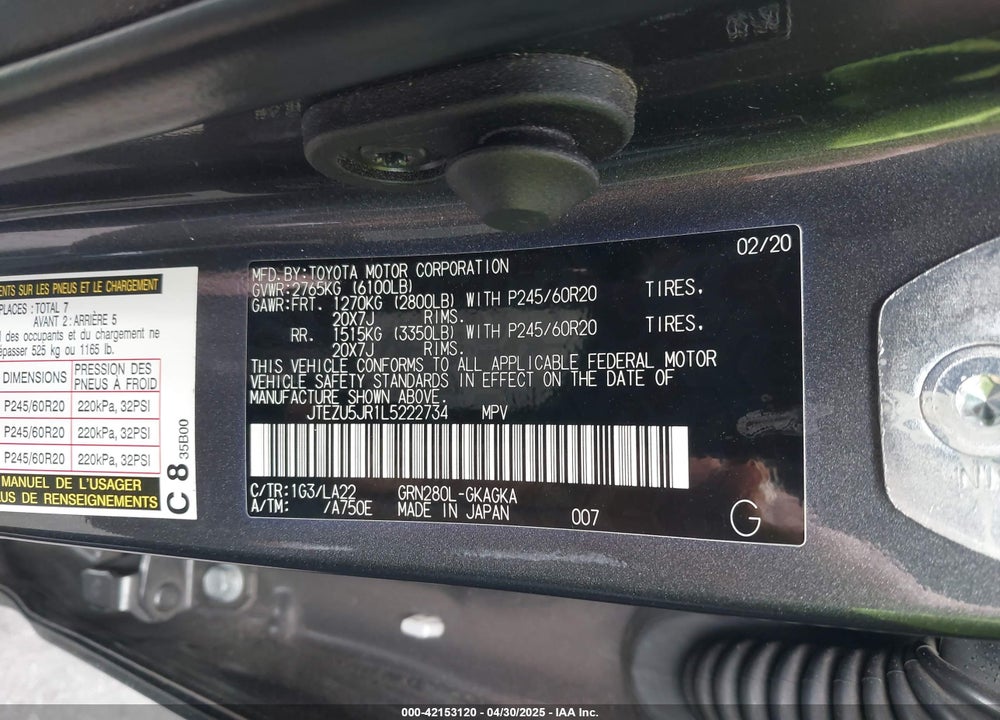 2020 TOYOTA 4RUNNER LIMITED VIN: JTEZU5JR1L5222734