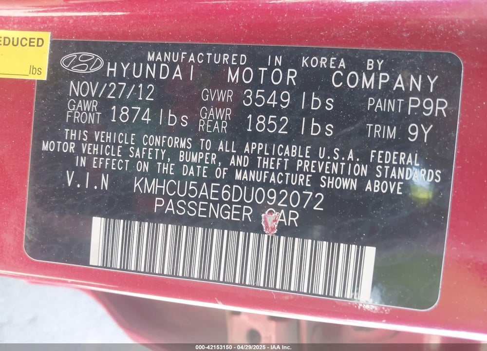 2013 HYUNDAI ACCENT VIN: KMHCU5AE6DU092072