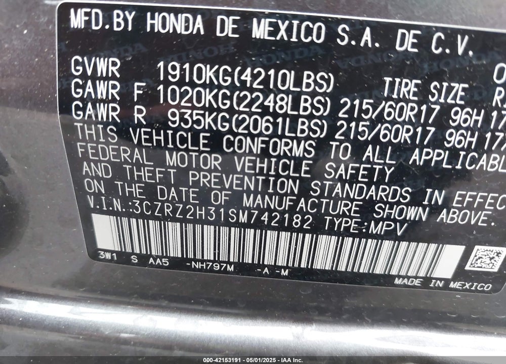 2025 HONDA HR-V VIN: 3CZRZ2H31SM742182