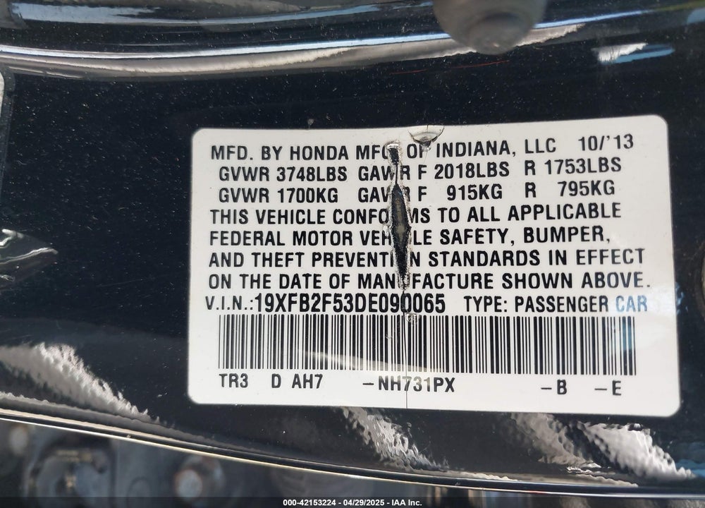 2013 HONDA CIVIC VIN: 19XFB2F53DE090065
