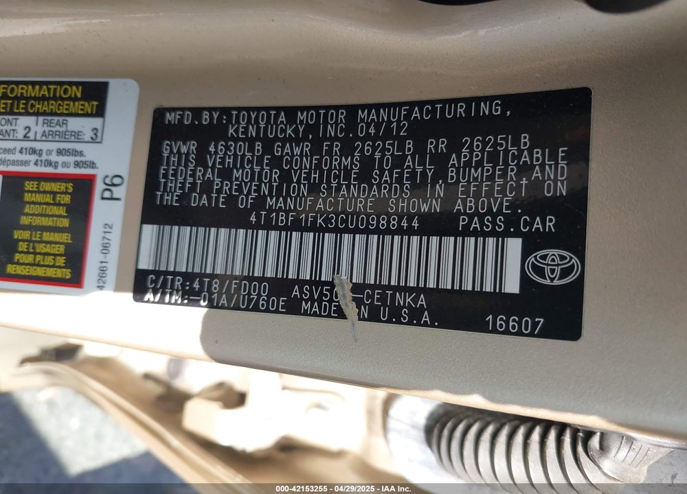2012 TOYOTA CAMRY VIN: 4T1BF1FK3CU098844