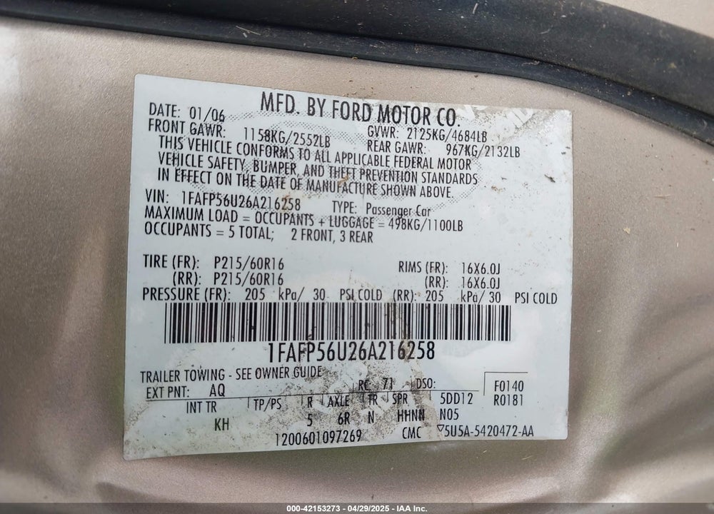 2006 FORD TAURUS VIN: 1FAFP56U26A216258