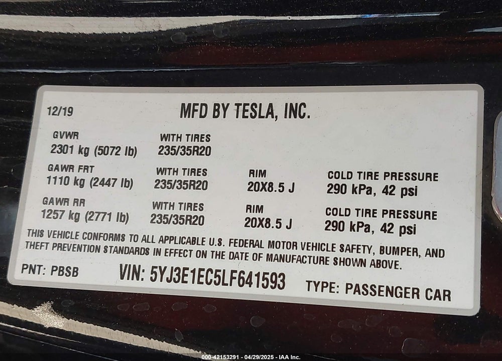 2020 TESLA MODEL 3 PERFORMANCE DUAL MOTOR ALL-WHEEL DRIVE VIN: 5YJ3E1EC5LF641593