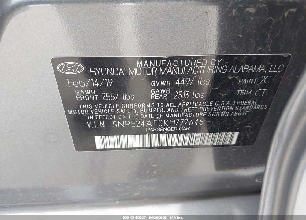 2019 HYUNDAI SONATA SE VIN: 5NPE24AF0KH777648