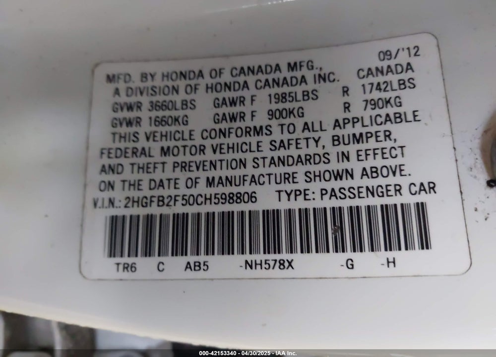 2012 HONDA CIVIC LX VIN: 2HGFB2F50CH598806