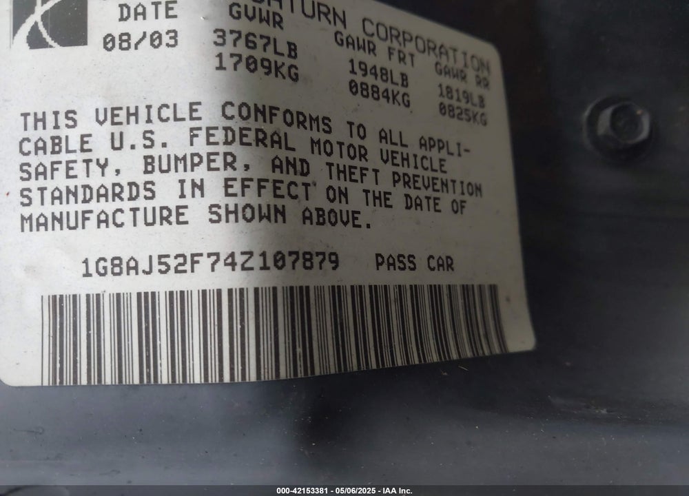 2004 SATURN ION 2 VIN: 1G8AJ52F74Z107879